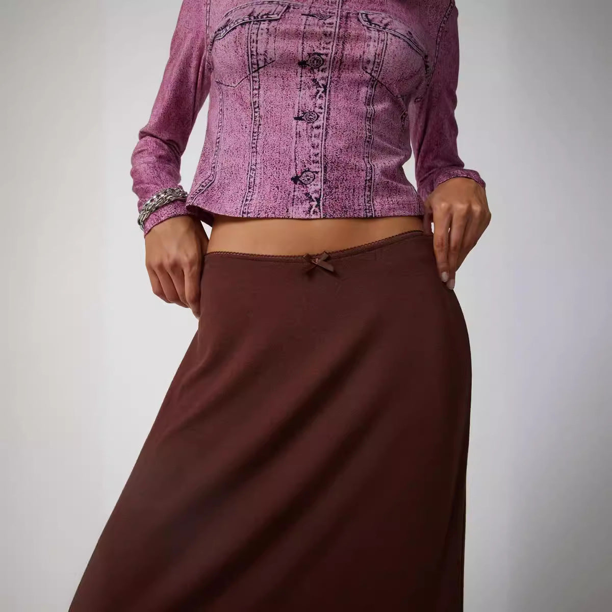 Falda larga de encaje con lazo de color liso a la moda para mujer