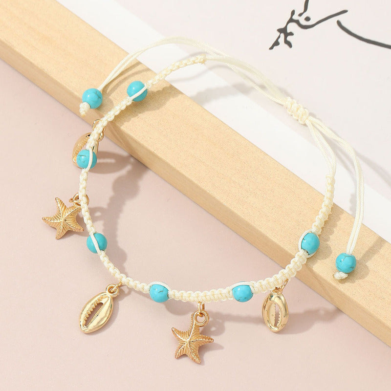 Tobillera con cuentas bohemias trenzadas de estrellas de mar y conchas