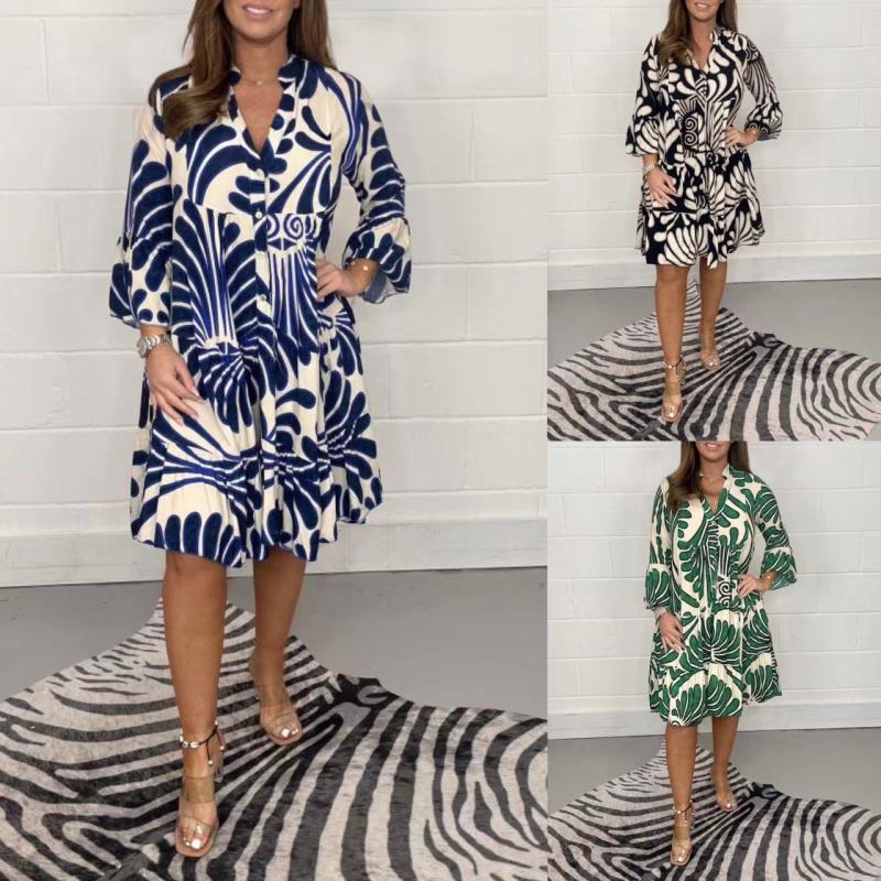 Vestido camisero holgado con cuello en V y estampado gráfico bohemio informal para mujer