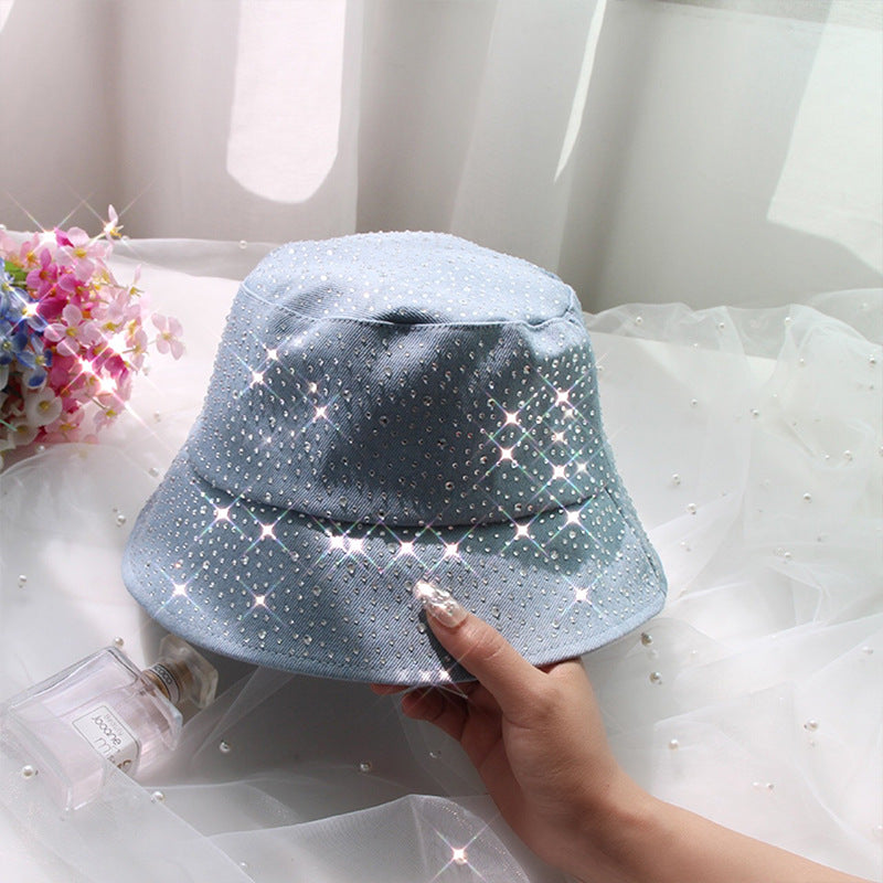 Sombrero de pescador informal de mezclilla con diamantes de imitación para mujer