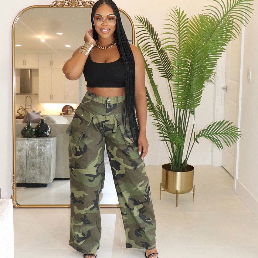Pantalon large à imprimé camouflage décontracté pour femme