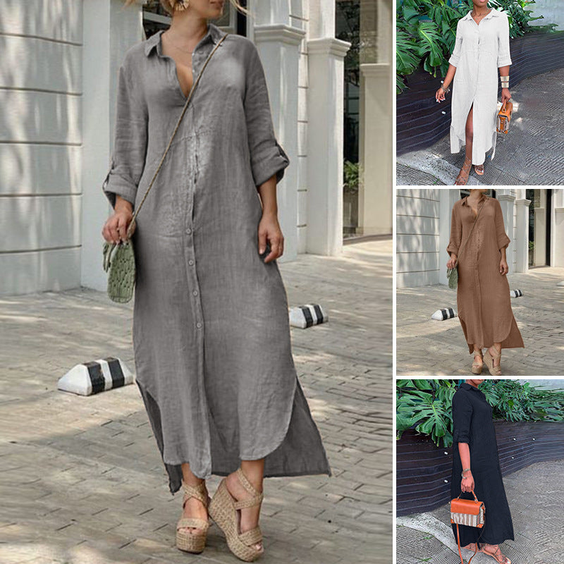 Robe chemise décontractée en coton et lin pour femme, respirante, pour l'été