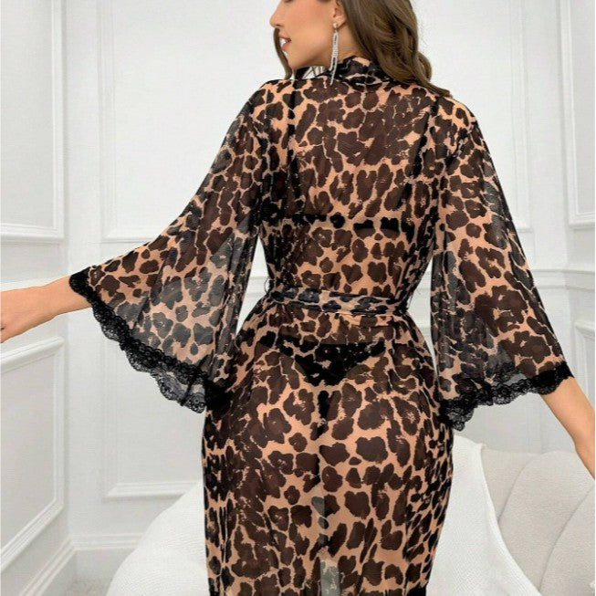 Women Fashion Leopard Mesh Long-Sleeve Pajama Set