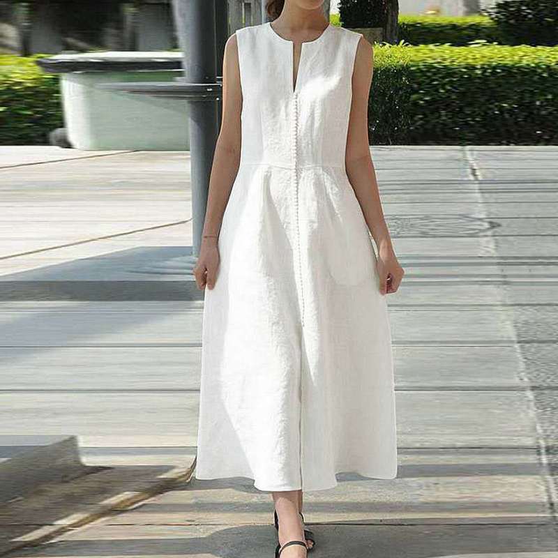 Vestido midi informal con cuello en V para mujer