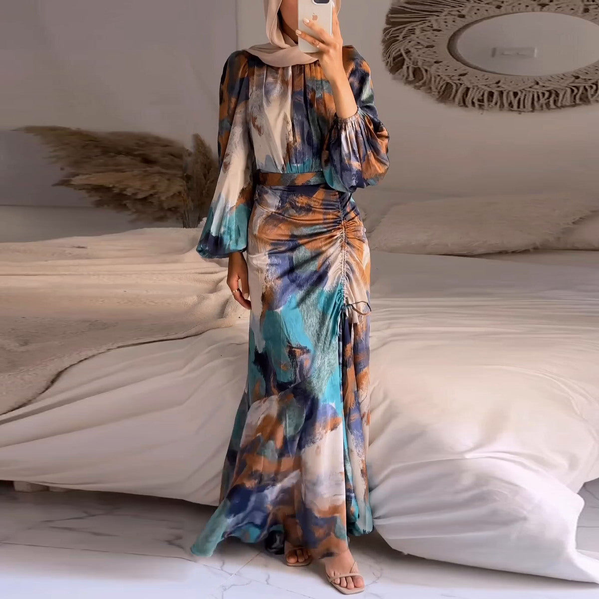 Vestido elegante de manga larga abullonada con grafiti para mujer