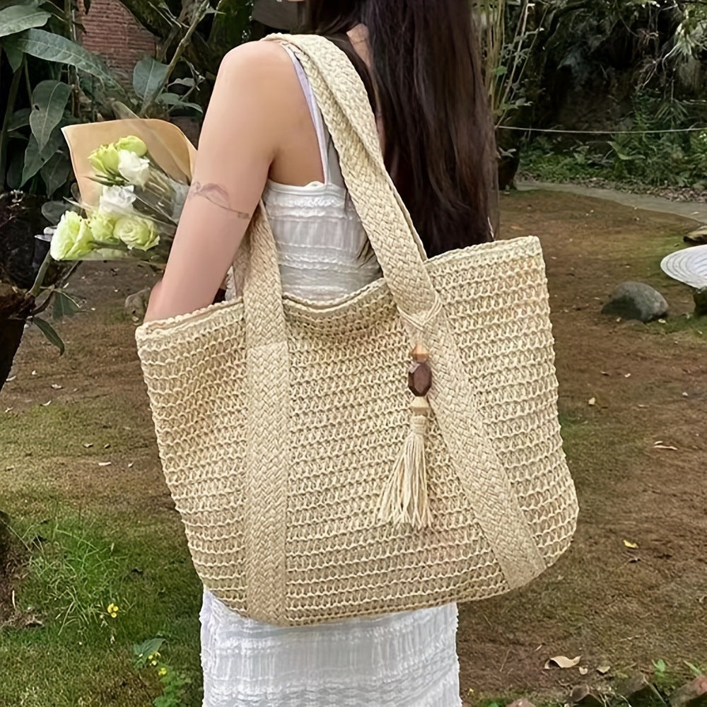 Women Casual Solid Color Straw Woven Beach Tote Bag