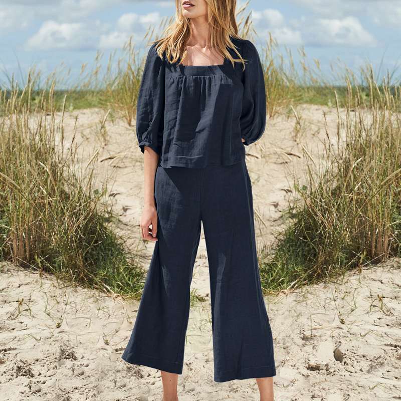 Conjunto de lino y algodón de color liso informal a la moda para mujer