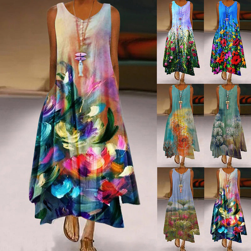Vestido largo con estampado floral sin mangas estilo bohemio para mujer