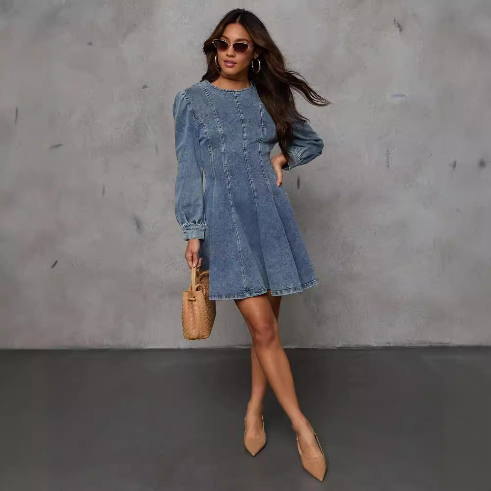 Vestido vaquero elegante de manga larga con cuello redondo para mujer
