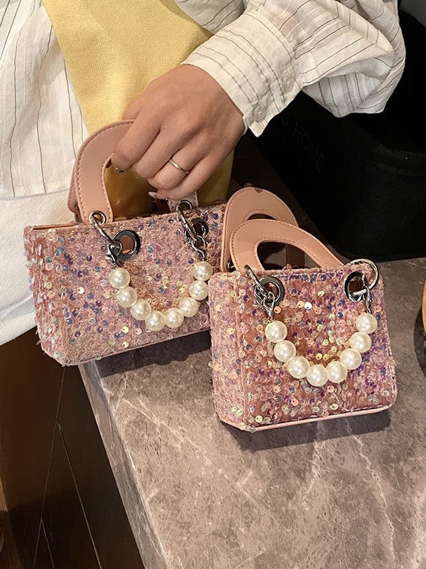 Mini bolso bandolera de verano con lentejuelas brillantes y correa de perlas