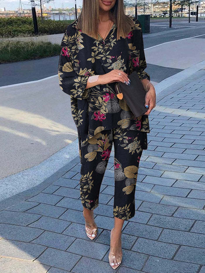 Plus Size Women Cotton Linen Print Two Pieces Set