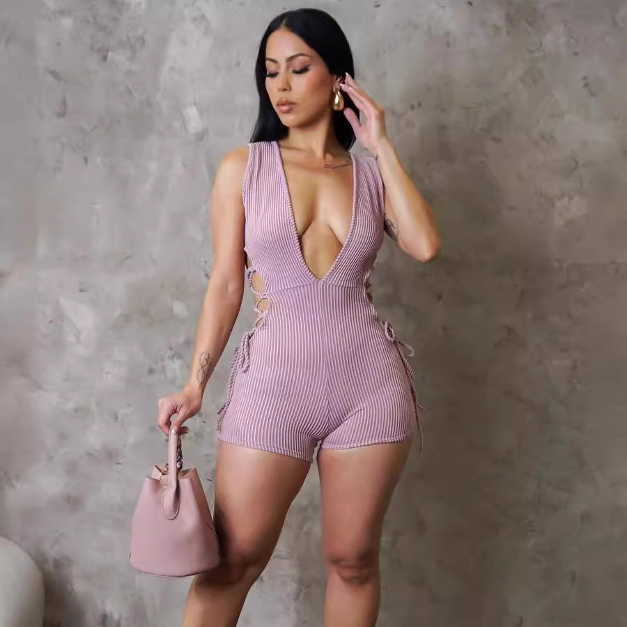 Combinaison sexy à col en V profond et couleur unie pour femme