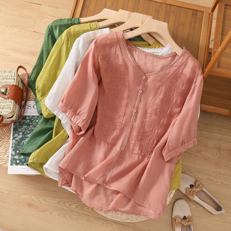 Top de manga corta con bordado de lino retro para mujer