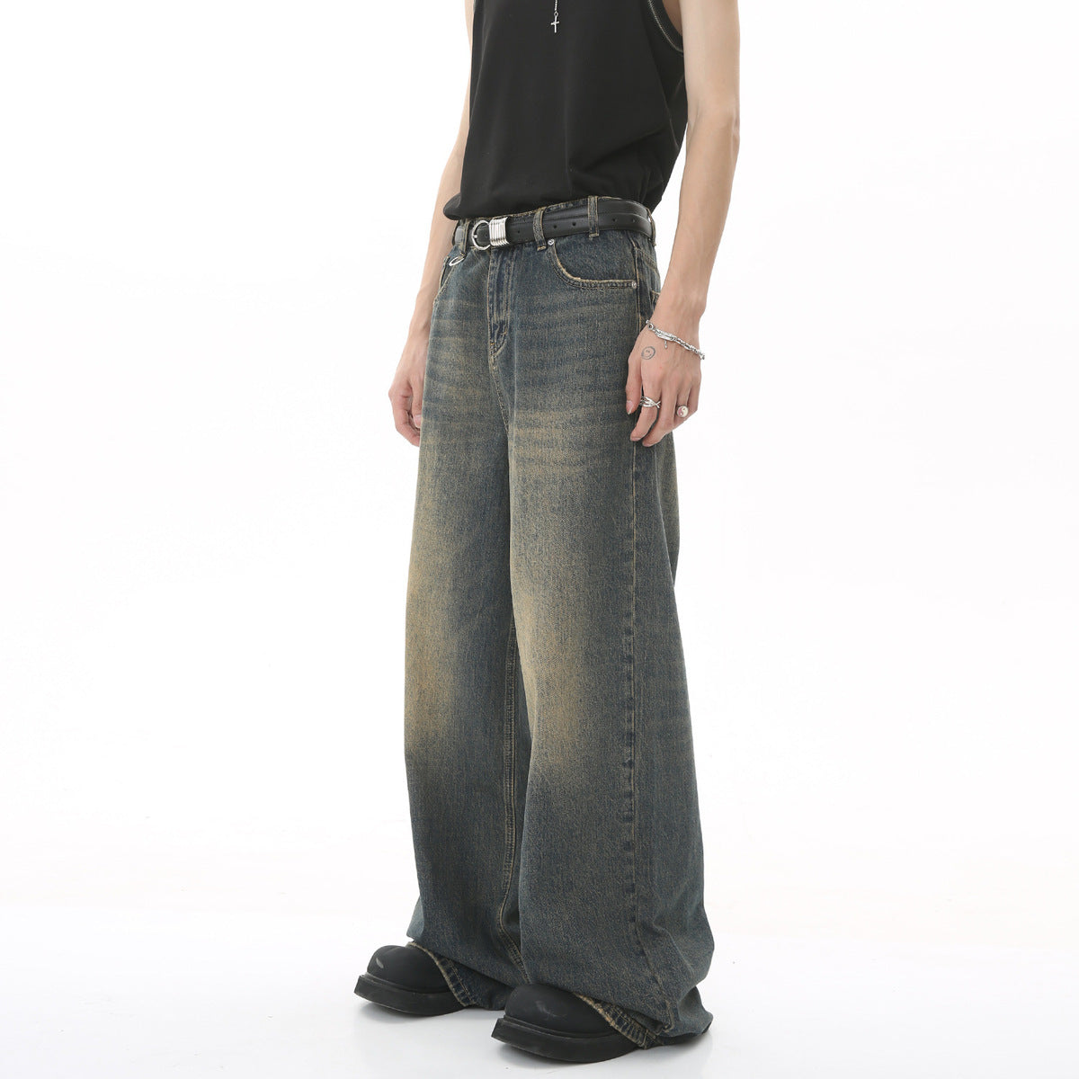 Men's Retro Loose Wide-Leg Jeans Cotton Blend Casual Pants