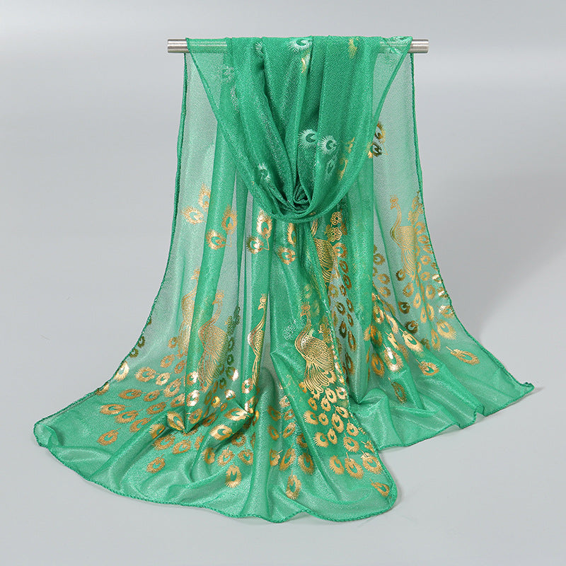 Elegante bufanda de gasa con estampado de pavo real y poliéster