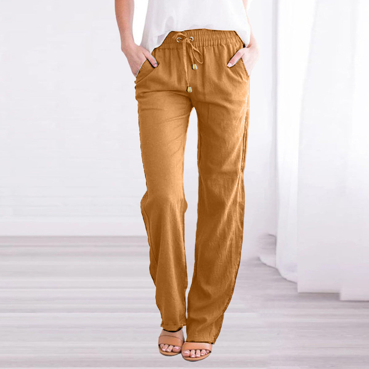 Women Casual Solid Color Cotton Linen Drawstring Pants