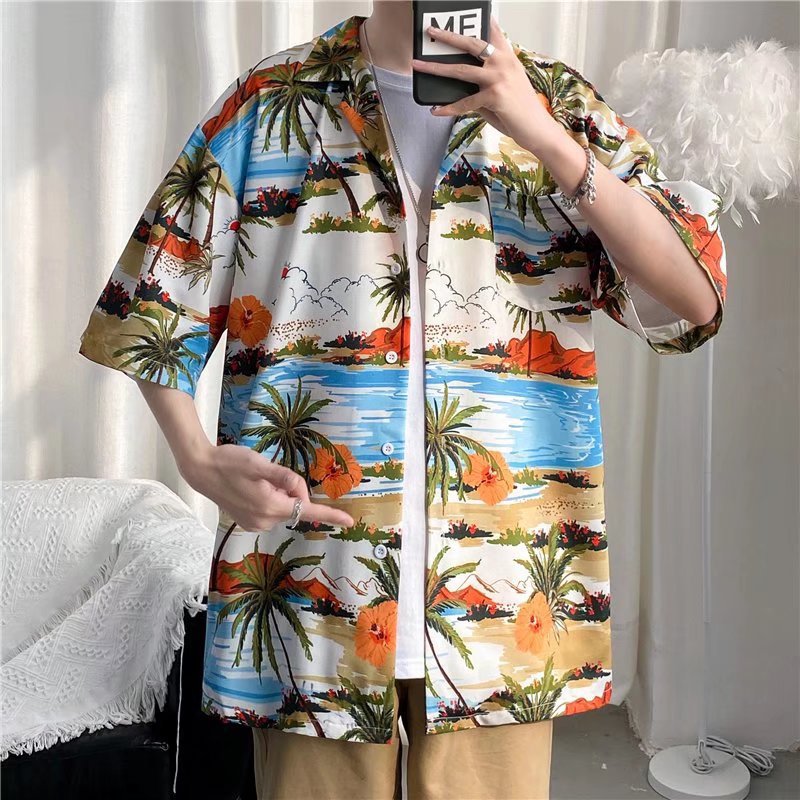Camisa informal vintage con estampado de flores diminutas para hombre