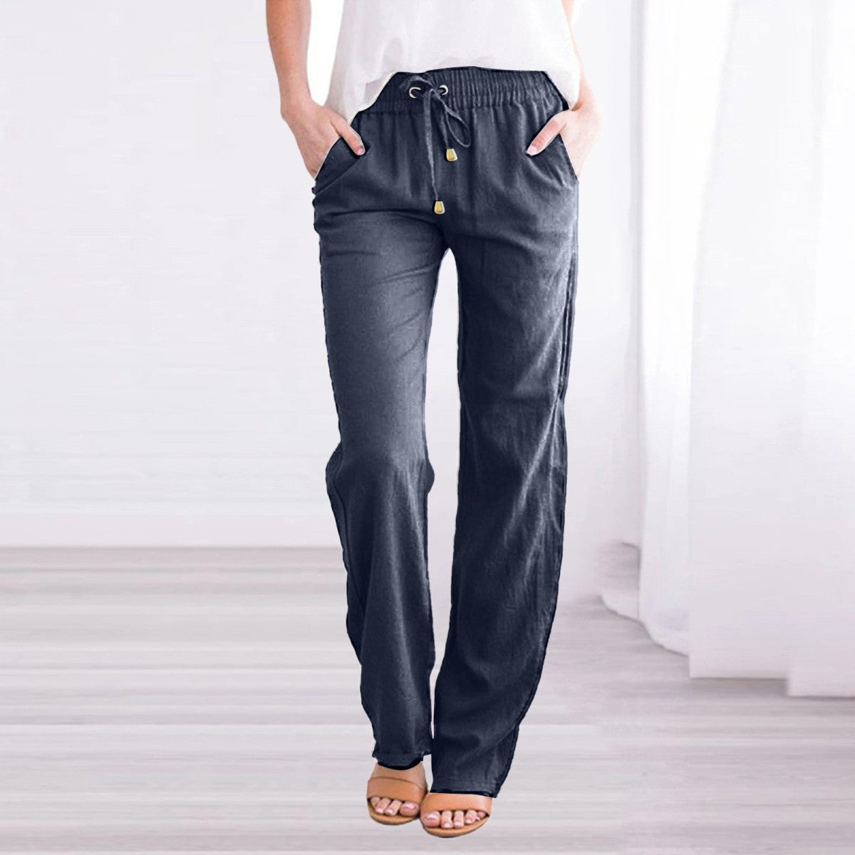 Women Casual Solid Color Cotton Linen Drawstring Pants