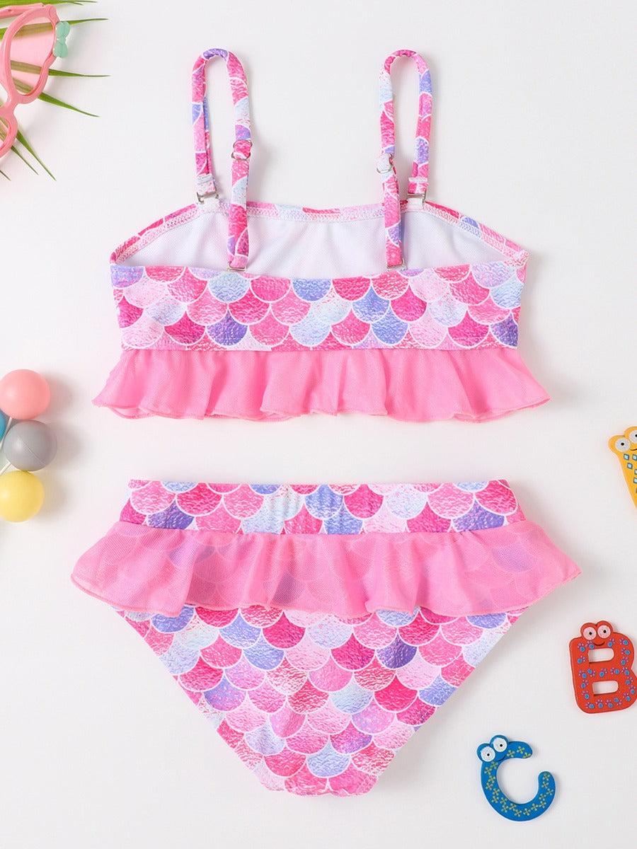 Conjunto de baño de dos piezas con top y pantalones cortos con volantes y estampado de sirena para niña