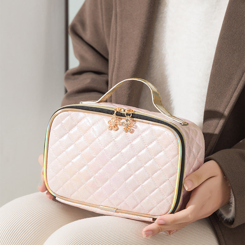 Bolsa de cosméticos de cuero sintético con efecto láser y degradado de color
