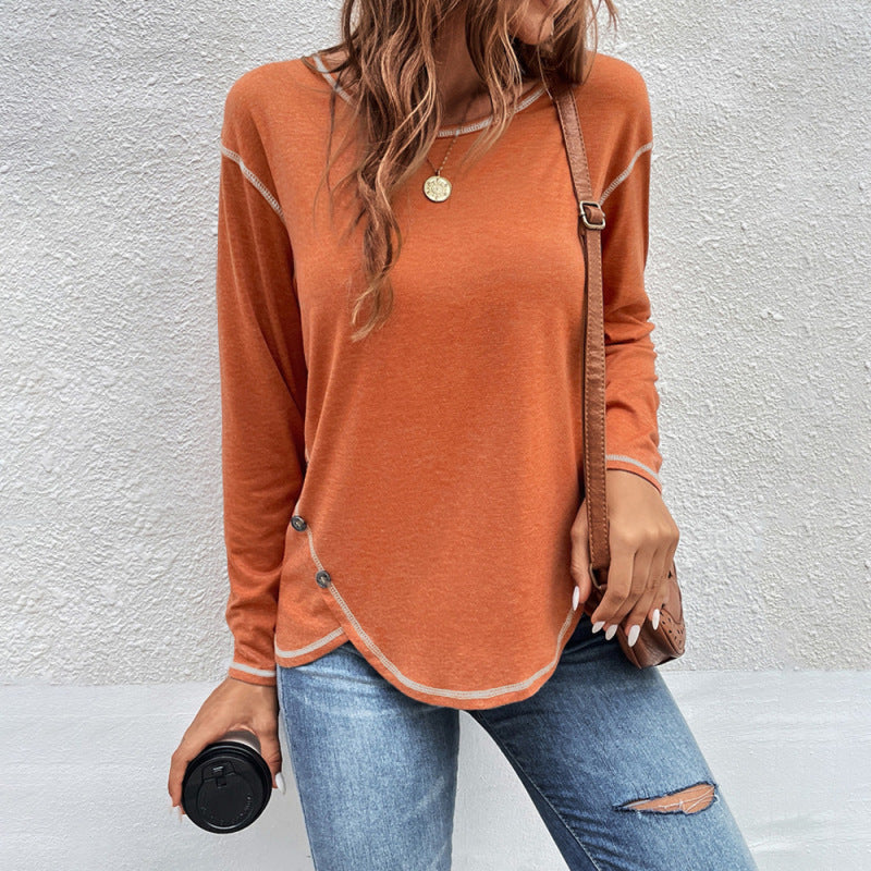Women Simple Solid Color Button Irregular Round Neck Long Sleeve Blank T-Shirt