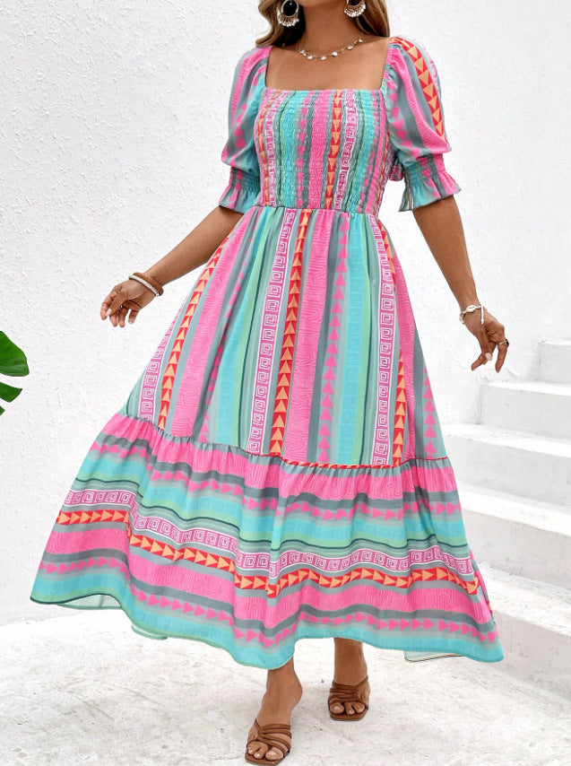Robe décontractée imprimée à manches courtes et col carré pour femme