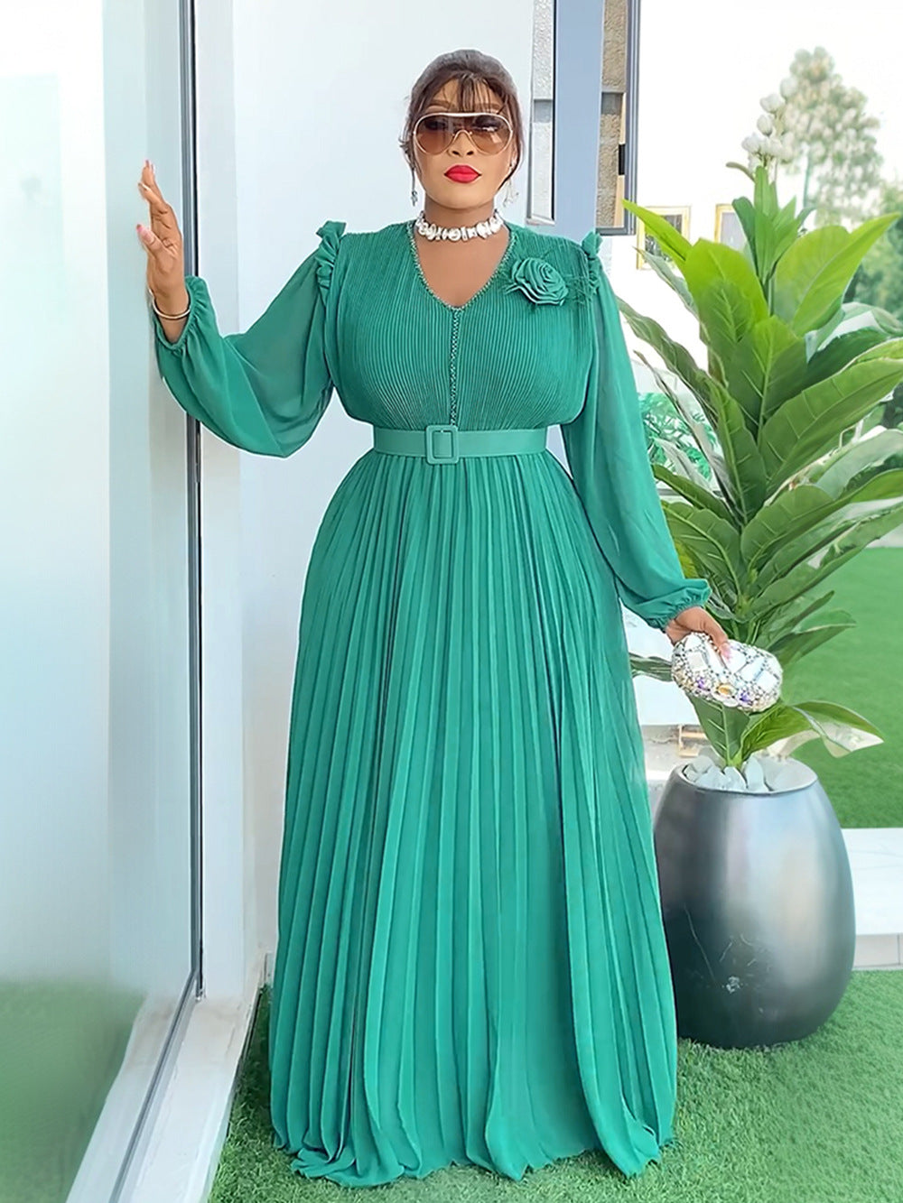 Vestido largo plisado elegante de talla grande para mujer africana
