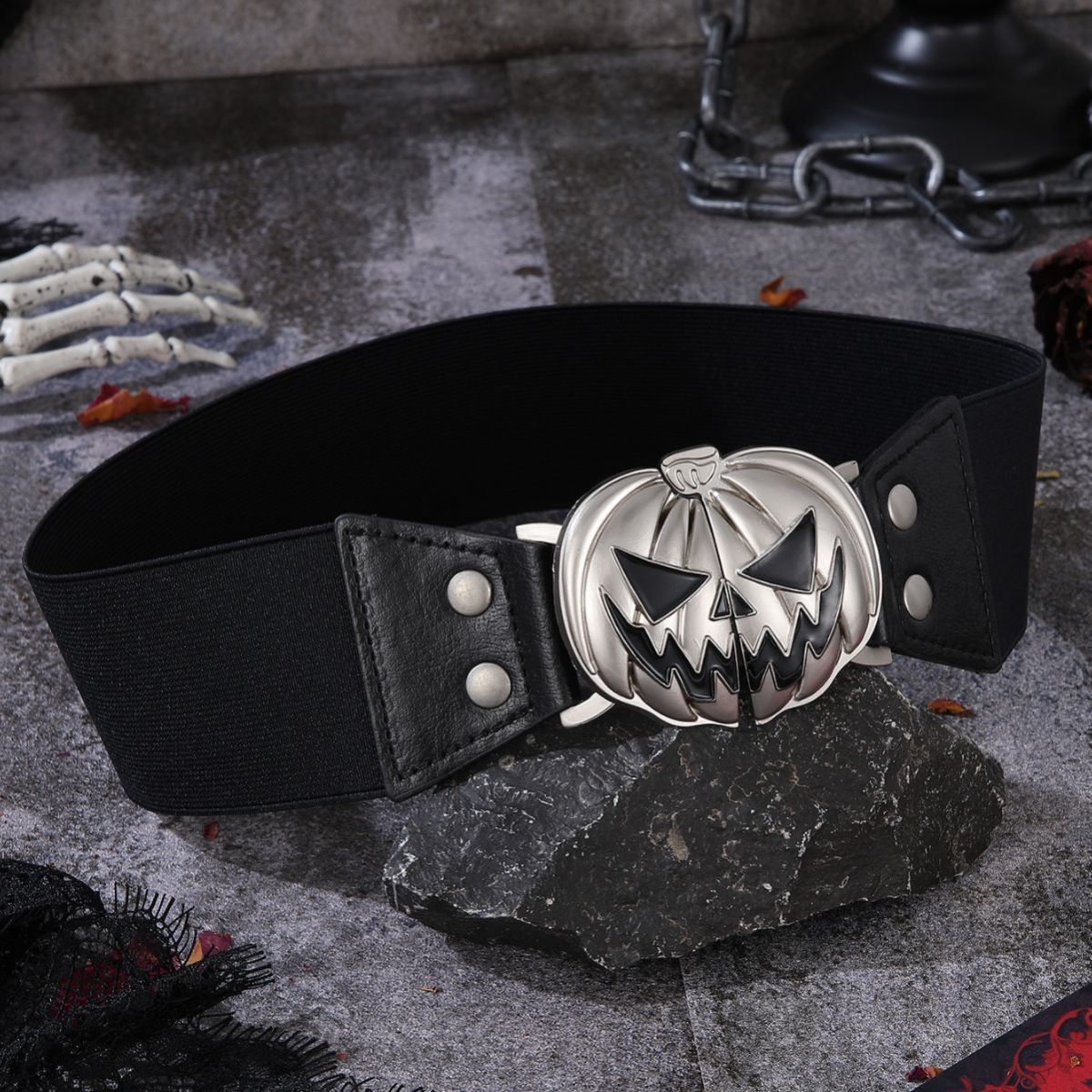 Ceinture à boucle en alliage avec tête de citrouille d'Halloween pour femme