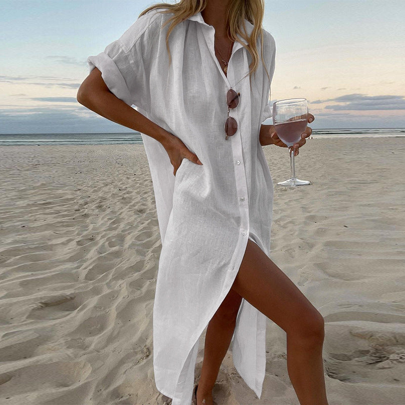 Robe longue décontractée en coton et lin de couleur unie pour femme