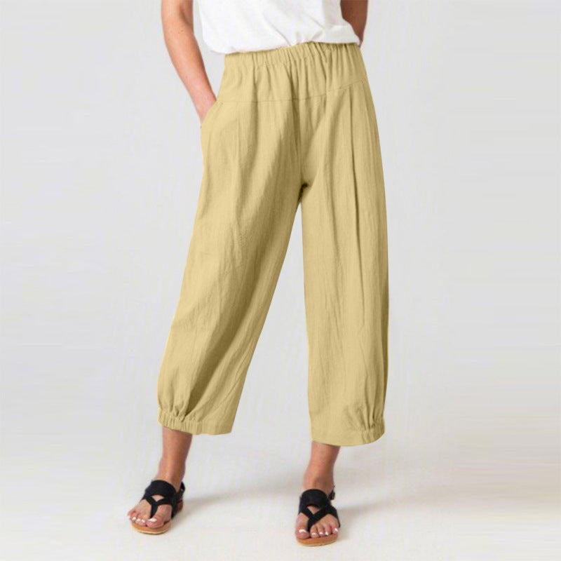 Women Casual Loose High Waist Cotton Linen Cropped Pants