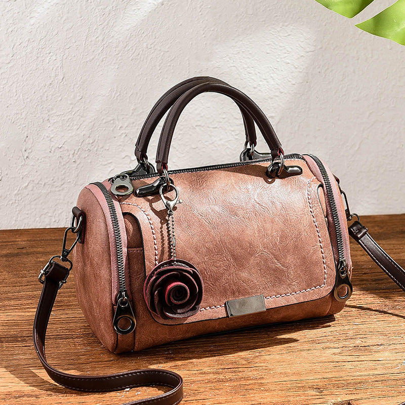 Bolso de mano retro con colgante de flor pequeña de color sólido para mujer