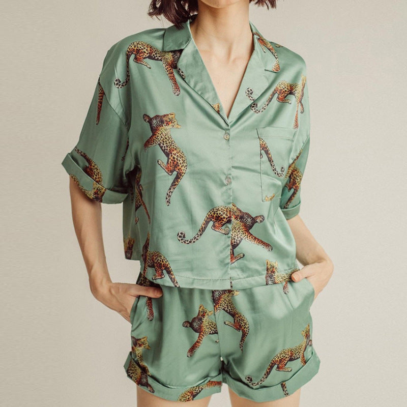 Women Fashion Comfortable Ice Silk Leopard Print Pajamas Set