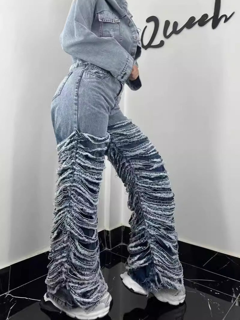 Jean déchiré bleu foncé pour femme, coupe droite