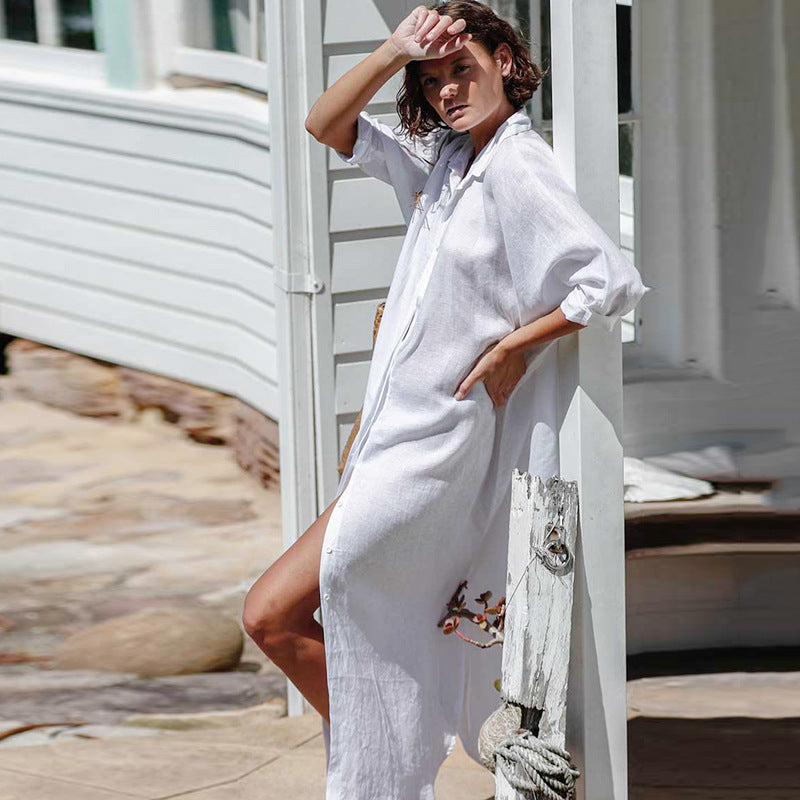 Vestido playero informal de manga larga con solapa para mujer