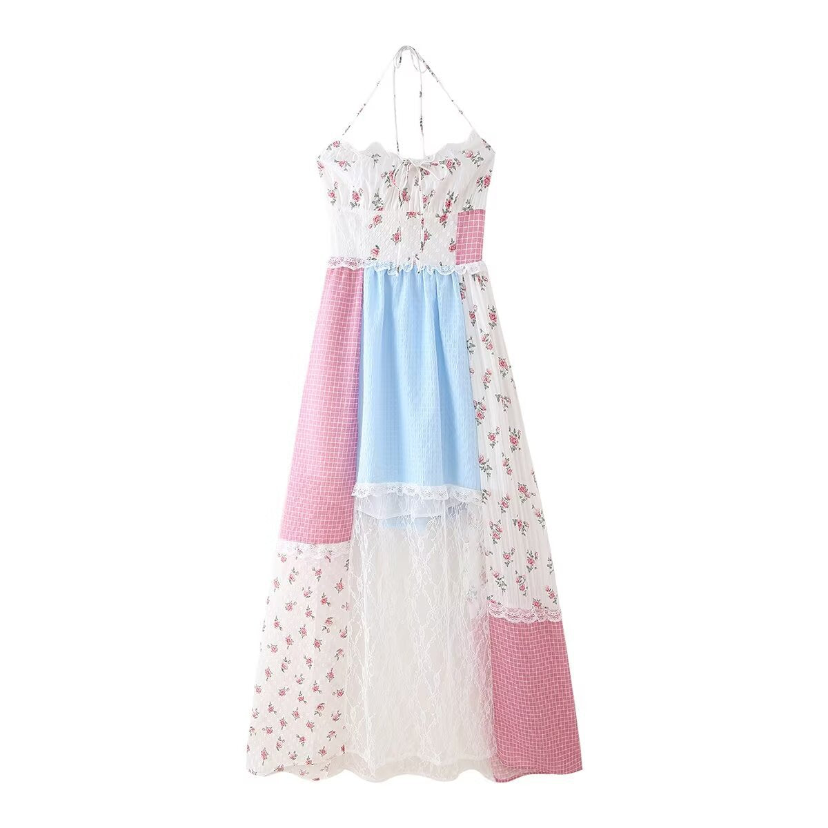 Robe longue dos nu en dentelle à petites fleurs style bohème pour femme