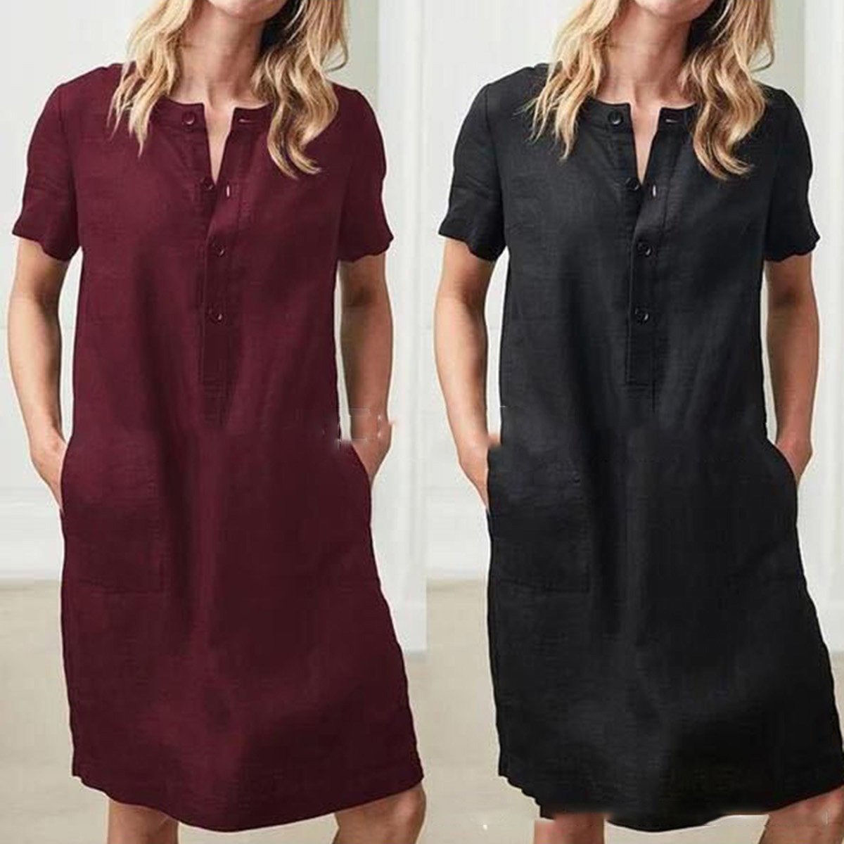 Vestido informal holgado de manga corta de algodón y lino