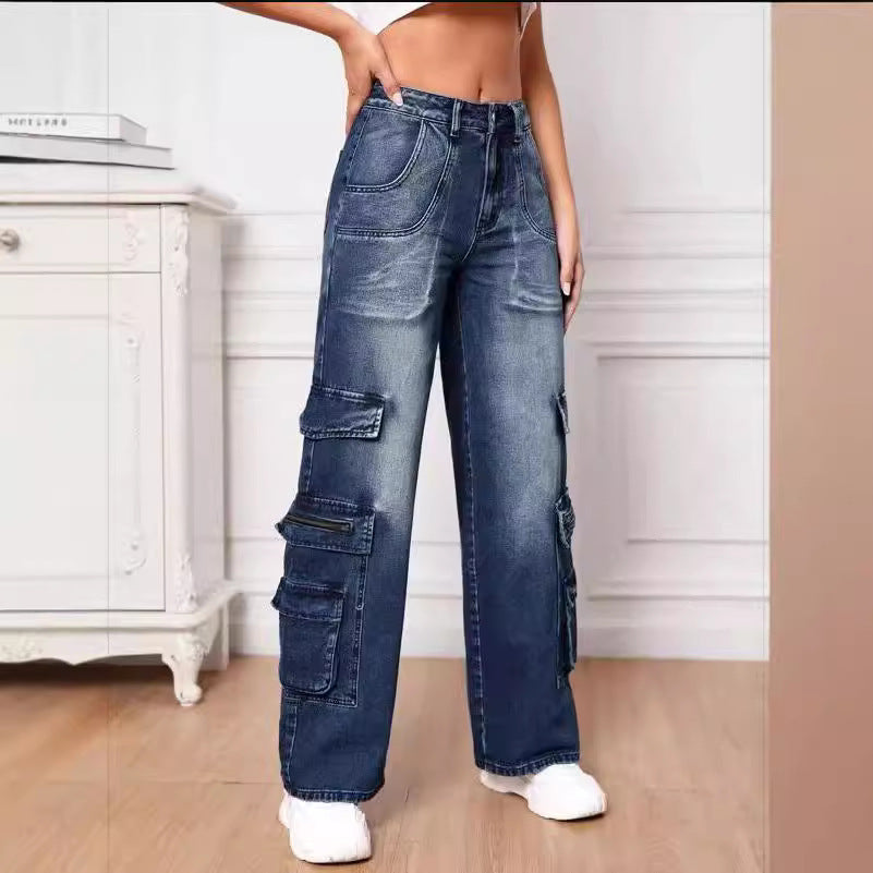 Pantalones cargo de mezclilla de pierna ancha con múltiples bolsillos para mujer