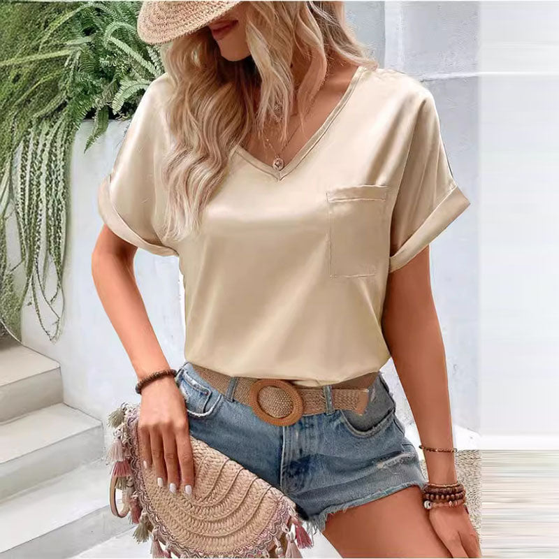 T-shirt ample à manches courtes et col en V en satin pour femme