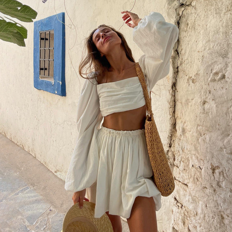 Ensemble deux pièces en coton de couleur unie pour femme