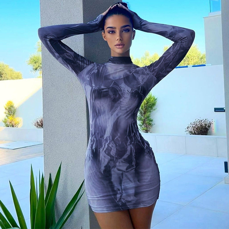 Women Fashion Sexy Printed Round Neck Long Sleeve Dress