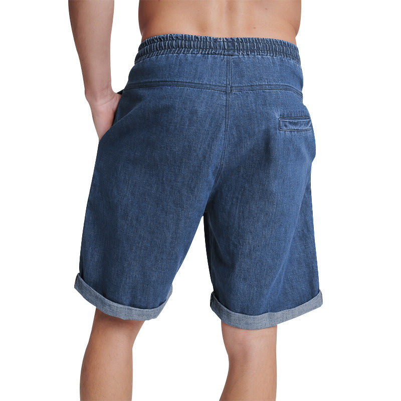 Men Casual Solid Color Drawstring Cotton Denim Shorts