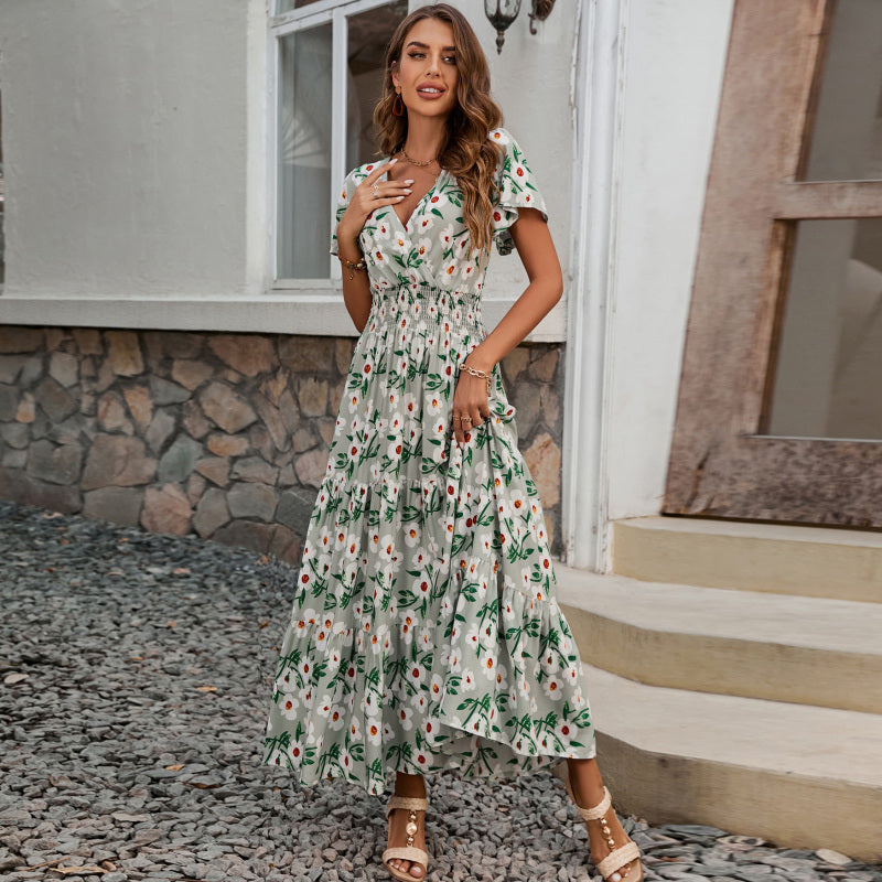 Bohemian Style Vacation Women Casual V-Neck Short Sleeve Maxi Dress