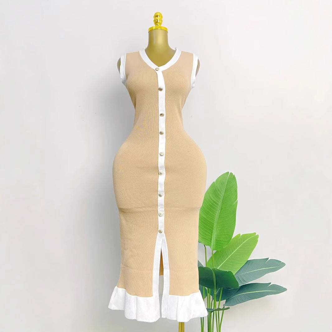 Women Casual Contrast Color Knitted V-Neck Dress