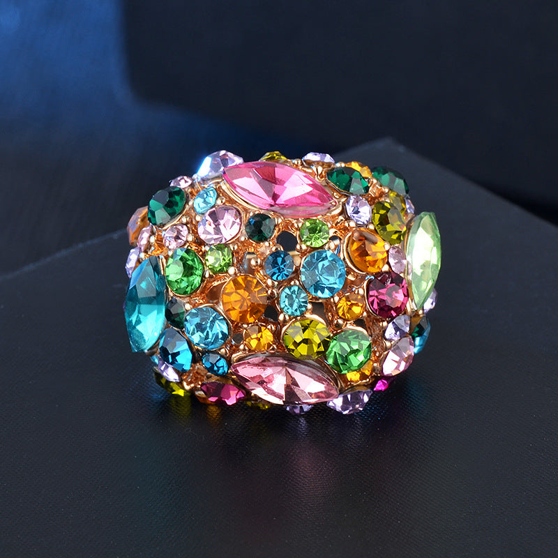 Bague en forme de U en zircon coloré exagéré pour femme, dorée