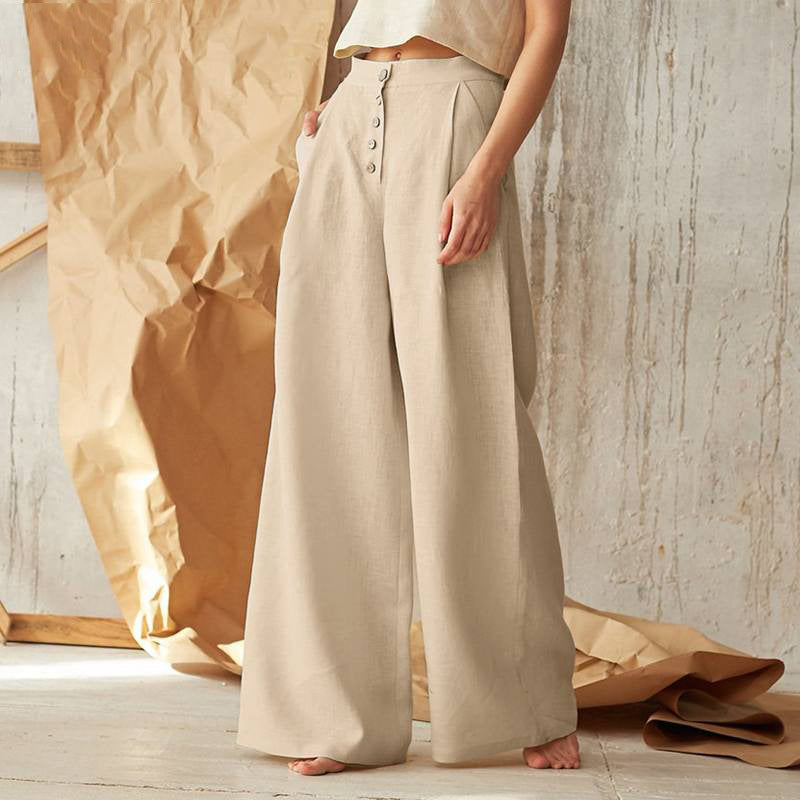 Pantalon large taille haute décontracté de couleur unie pour femme