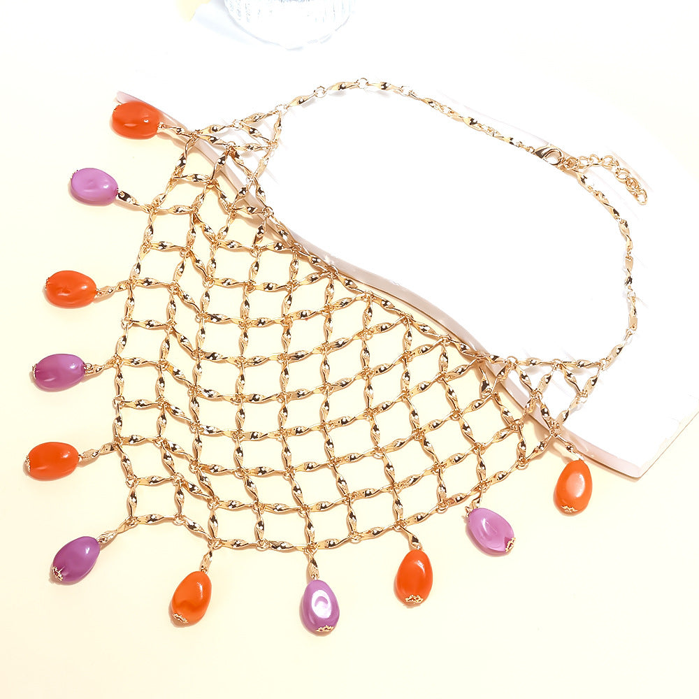 Collar creativo de malla metálica tejida a mano para mujer con colgante de cuentas de colores