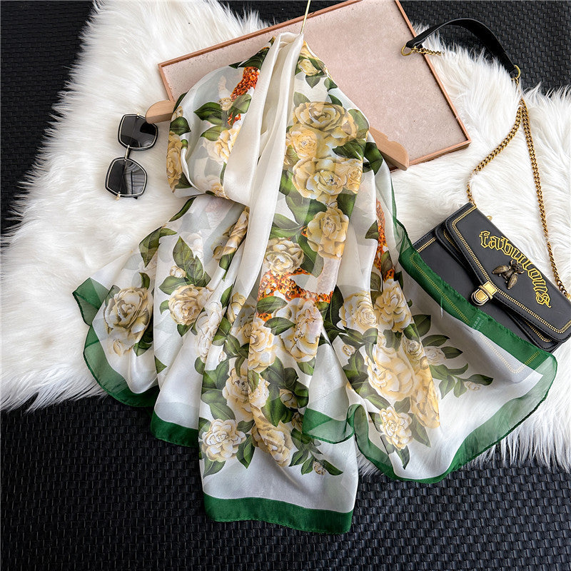 Summer Women Fashion Geometric Leaves Printed Silk Scarf