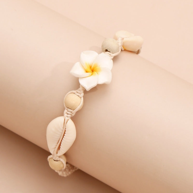 Tobillera con diseño floral de conchas tejidas a mano de estilo bohemio