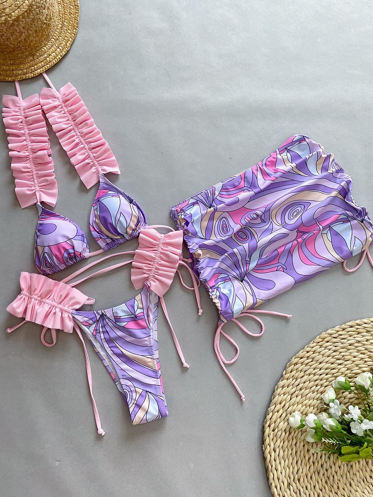 Conjunto de tres piezas para mujer, traje de baño con volantes para vacaciones de verano