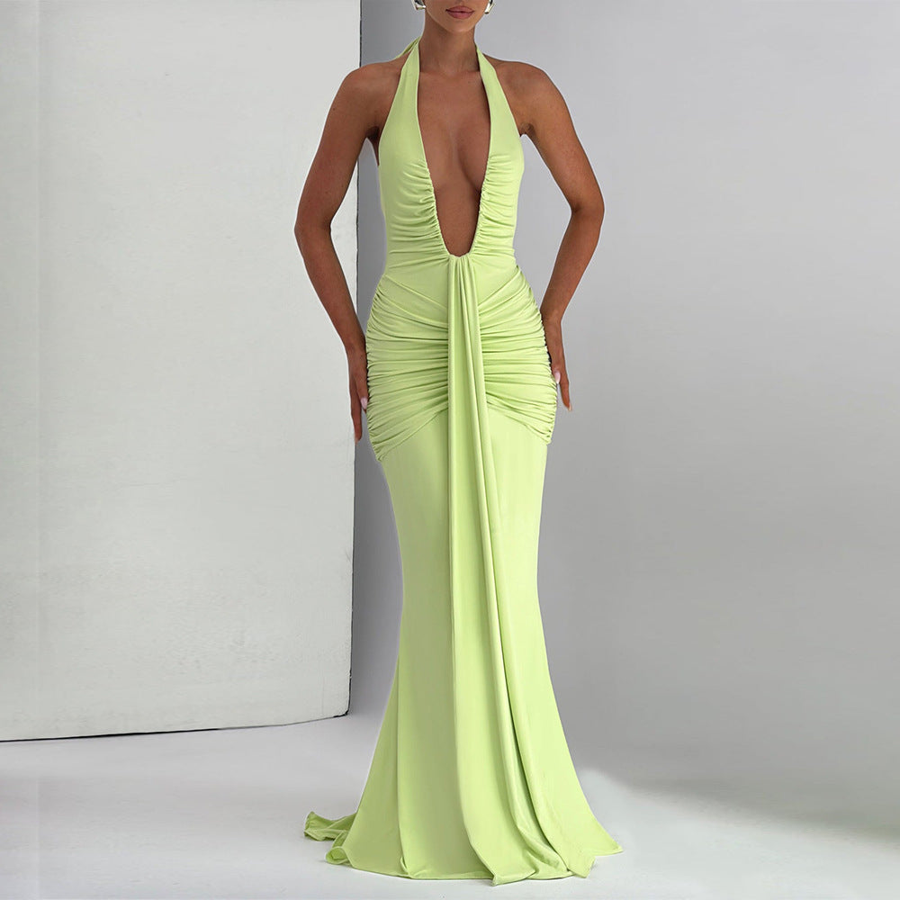 Robe sexy à col licou de couleur unie pour femme